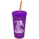 a translucent violet cup & translucent violet lid & translucent orange straw promotional personalized 24 oz stadium plastic tumbler cup with straw and lid