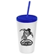 a white cup & translucent blue lid & translucent blue straw promotional personalized 24 oz stadium plastic tumbler cup with straw and lid