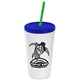 a white cup & translucent blue lid & translucent green straw promotional personalized 24 oz stadium plastic tumbler cup with straw and lid
