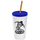 a white cup & translucent blue lid & translucent orange straw promotional personalized 24 oz stadium plastic tumbler cup with straw and lid