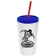 a white cup & translucent blue lid & translucent red straw promotional personalized 24 oz stadium plastic tumbler cup with straw and lid