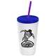 a white cup & translucent blue lid & translucent violet straw promotional personalized 24 oz stadium plastic tumbler cup with straw and lid