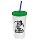 a white cup & translucent green lid & translucent blue straw promotional personalized 24 oz stadium plastic tumbler cup with straw and lid