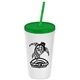 a white cup & translucent green lid & translucent green straw promotional personalized 24 oz stadium plastic tumbler cup with straw and lid