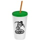 a white cup & translucent green lid & translucent orange straw promotional personalized 24 oz stadium plastic tumbler cup with straw and lid