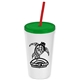 a white cup & translucent green lid & translucent red straw promotional personalized 24 oz stadium plastic tumbler cup with straw and lid