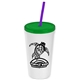 a white cup & translucent green lid & translucent violet straw promotional personalized 24 oz stadium plastic tumbler cup with straw and lid
