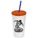 a white cup & translucent orange lid & translucent blue straw promotional personalized 24 oz stadium plastic tumbler cup with straw and lid
