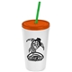 a white cup & translucent orange lid & translucent green straw promotional personalized 24 oz stadium plastic tumbler cup with straw and lid