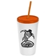 a white cup & translucent orange lid & translucent orange straw promotional personalized 24 oz stadium plastic tumbler cup with straw and lid