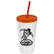 a white cup & translucent orange lid & translucent red straw promotional personalized 24 oz stadium plastic tumbler cup with straw and lid