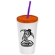 a white cup & translucent orange lid & translucent violet straw promotional personalized 24 oz stadium plastic tumbler cup with straw and lid