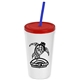 a white cup & translucent red lid & translucent blue straw promotional personalized 24 oz stadium plastic tumbler cup with straw and lid