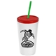 a white cup & translucent red lid & translucent green straw promotional personalized 24 oz stadium plastic tumbler cup with straw and lid