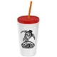 a white cup & translucent red lid & translucent orange straw promotional personalized 24 oz stadium plastic tumbler cup with straw and lid
