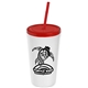 a white cup & translucent red lid & translucent red straw promotional personalized 24 oz stadium plastic tumbler cup with straw and lid