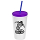 a white cup & translucent violet lid & translucent blue straw promotional personalized 24 oz stadium plastic tumbler cup with straw and lid