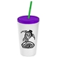 a white cup & translucent violet lid & translucent green straw promotional personalized 24 oz stadium plastic tumbler cup with straw and lid