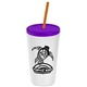 a white cup & translucent violet lid & translucent orange straw promotional personalized 24 oz stadium plastic tumbler cup with straw and lid