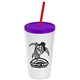 a white cup & translucent violet lid & translucent red straw promotional personalized 24 oz stadium plastic tumbler cup with straw and lid
