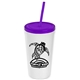 a white cup & translucent violet lid & translucent violet straw promotional personalized 24 oz stadium plastic tumbler cup with straw and lid