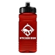 aerial view a black lid & transparent red bottle 20 oz upcycle rpet bottle push pull lid, image 1 of 2