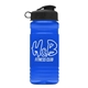 aerial view a black lid & transparent blue bottle 20 oz upcycle rpet bottle flip top lid, image 1 of 2