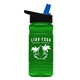a black-with-blue-spout lid & transparent green bottle 20 oz upcycle rpetbottle flip straw lid