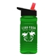 a black-with-red-spout lid & transparent green bottle 20 oz upcycle rpetbottle flip straw lid
