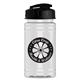 aerial view a black lid & clear bottle mini 16 oz pete sports bottle with usa flip lid, image 1 of 2