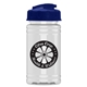 aerial view a navy blue lid & clear bottle mini 16 oz pete sports bottle with usa flip lid, image 1 of 2