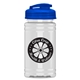 aerial view a translucent blue lid & clear bottle mini 16 oz pete sports bottle with usa flip lid, image 1 of 2