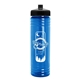 aerial view a black lid & transparent blue bottle 24 oz slim fit water bottle with push - pull lid, image 1 of 2