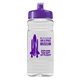aerial view a violet lid & clear bottle 20 oz clear sports bottle with push pull lid, image 1 of 2