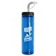 aerial view a black lid & transparent blue bottle 24 oz slim fit water bottle with straw lid, image 1 of 2