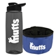 a transparent smoke bottle & black lid & blue bowl the parched pup - 26 oz transparent tritan(tm) bottle folding dog bowl