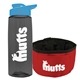 a transparent smoke bottle & cyan lid & red bowl the parched pup - 26 oz transparent tritan(tm) bottle folding dog bowl