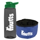 a transparent smoke bottle & green lid & blue bowl the parched pup - 26 oz transparent tritan(tm) bottle folding dog bowl