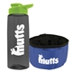 a transparent smoke bottle & lime green lid & blue bowl the parched pup - 26 oz transparent tritan(tm) bottle folding dog bowl