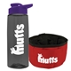 a transparent smoke bottle & violet lid & red bowl the parched pup - 26 oz transparent tritan(tm) bottle folding dog bowl