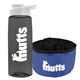 a transparent smoke bottle & white lid & blue bowl the parched pup - 26 oz transparent tritan(tm) bottle folding dog bowl