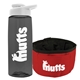 a transparent smoke bottle & white lid & red bowl the parched pup - 26 oz transparent tritan(tm) bottle folding dog bowl