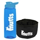 a transparent blue bottle & cyan lid & black bowl the parched pup - 26 oz transparent tritan(tm) bottle folding dog bowl