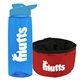 a transparent blue bottle & cyan lid & red bowl the parched pup - 26 oz transparent tritan(tm) bottle folding dog bowl
