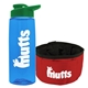 a transparent blue bottle & green lid & red bowl the parched pup - 26 oz transparent tritan(tm) bottle folding dog bowl