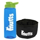 a transparent blue bottle & lime green lid & black bowl the parched pup - 26 oz transparent tritan(tm) bottle folding dog bowl