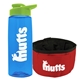 a transparent blue bottle & lime green lid & red bowl the parched pup - 26 oz transparent tritan(tm) bottle folding dog bowl