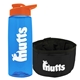 a transparent blue bottle & orange lid & black bowl the parched pup - 26 oz transparent tritan(tm) bottle folding dog bowl