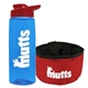 a transparent blue bottle & red lid & red bowl the parched pup - 26 oz transparent tritan(tm) bottle folding dog bowl