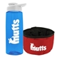 a transparent blue bottle & white lid & red bowl the parched pup - 26 oz transparent tritan(tm) bottle folding dog bowl